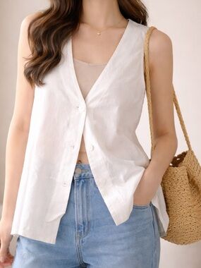 Women's Cotton Vest Casual V Neck Button Down Sleeveless Blazer